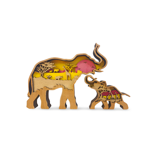 3D Multi-layer Wooden Elephant & Baby With Light