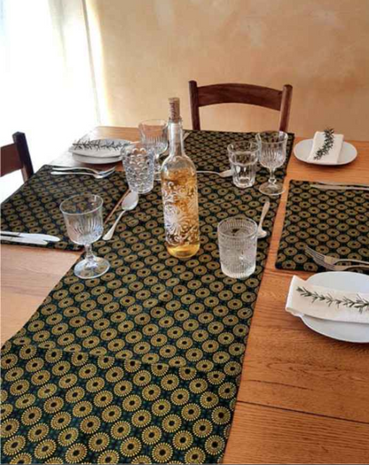 Table Runner - Shweshwe Dark Green Daisy